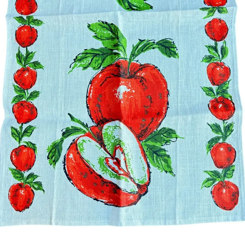 Vintage linen kitchen tea towel white & red apples motif cottage farmhouse decor